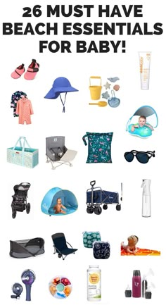 baby beach essentials and gear for your family's trip to the beach. includes images of what you should bring to the beach for a baby including a tent, sunglasses, sunscreen, towels, wagon, rash guard, etc. Beach With A Baby, Baby Beach Gear, Baby Beach Essentials, Baby Packing List, Beach Must Haves, Beach Packing List, Baby Vacation, Beach Day Essentials, Summer Planning