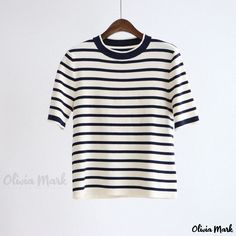 Olivia Mark - Nanyou Xiahe Home Fine Cotton Short-Sleeve Tee Round Neck Striped Knit Top Sleeves Clothing, Striped Knit, Three Quarter Sleeves, Soft Knits, Types Of Collars, Cotton Shorts, Clothing Patterns, Sweater Top, Knit Top