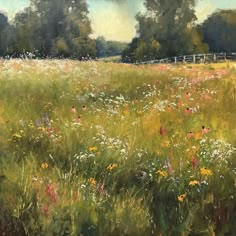 an oil painting of a field full of wildflowers