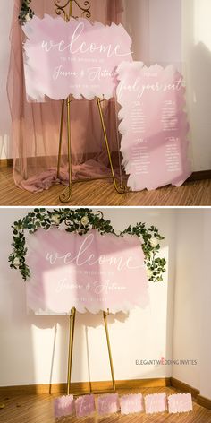 wedding welcome sign with pink watercolors and greenery on the top, next to an easel for seating