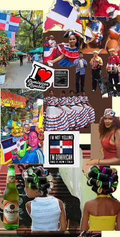 collage of images with people dressed in costumes and hair accessories, including an american flag