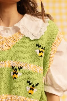 "Please write your phone number in the order note section. Our products are exclusively designed by our Mibudesigns brand and are 100% original and 100% handmade. Knitted using recycled organic cotton yarn. A bee pattern is embroidered on it. Our \"Bee\" knit sweater has been carefully designed to accompany you on cool summer and spring evenings, autumn and winter months. Product Details Material: The sweater is knitted with 100% recycled organic cotton yarn. Orange and lilac color options are a Knit Sweater Vests, Over Sized Knitted Sweaters, Fun Womens Clothing, Cute Crochet Sweater Vest, Clothing Knitting Patterns, Crochet Bee Sweater, Colorful Knitting Patterns, Colorful Sweater Vest, Cute Knit Sweaters