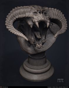 an animal sculpture with its mouth open and it's teeth wide open in front of a black background