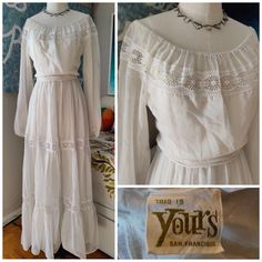 What's Better Than A Peasant Dress? A Classic White One! By Top-Quality American Maker This Is Yours, This Lovely Dress Was Made In The Late 60s In Soft Cotton Voile And Lace. It Has A Nice Long Back Zip, The Original Tie Belt, And Fresh Elastic In The Neckline. The Only Flaw Is A Very Small Mend Near To The Right Of The Zipper Where It Looks Like A Necklace Tore A Small Hole. It Has Been Expertly Repaired. 36 Max Bust, 27 Max Waist, Open Hips, 16 Bodice, 25 Sleeve, 57 Total Length Open Hips, Peasant Dress, Cotton Voile, Lovely Dresses, Boho Wedding Dress, Tie Belt, Classic White, Boho Wedding, White Vintage