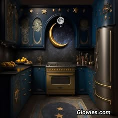 a kitchen with blue cabinets and gold stars on the wall, an moon above the stove