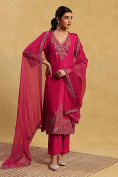 Shop for these amazing collections of Pink Silk Hand Embroidered Bead V Neck Juhi Kurta Pant Set For Women by Akriti by Ritika online at Aza Fashions. Placement Embroidery, Green Lehenga, Silk Kurta, Kurta Designs Women, Embroidered Dupatta, Kurta With Pants, Indian Fashion Dresses