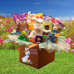 an easter basket filled with stuffed animals and other items for sale in a collage