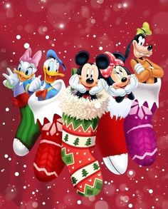 mickey mouse and friends in christmas stockings