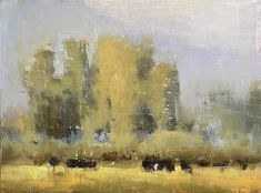 an oil painting of cows grazing in a field