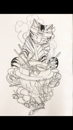 a drawing of a cat sitting on top of a bowl with chopsticks in it