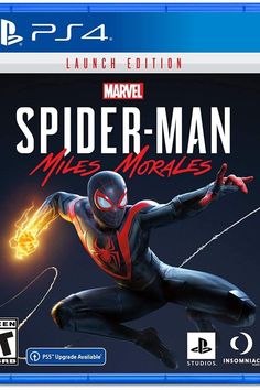 spider - man miles morales on the cover of a playstation 4 game, with an action figure