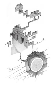 a drawing of a hole in the wall with a circular object on it's side