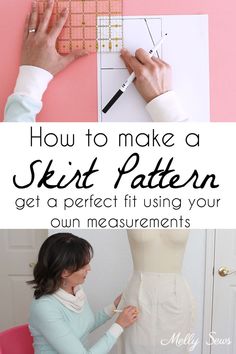 a woman is working on her sewing project with the text how to make a skirt pattern get a perfect fit using your own measurements