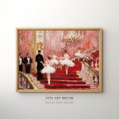 a painting hanging on the wall above a red carpeted staircase with people dressed in tuxedos