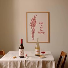 two bottles of wine sitting on top of a table