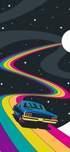 a car driving down a rainbow colored road in the middle of space with stars and clouds