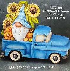 an old blue truck with sunflower gnome on the back painted in acrylic