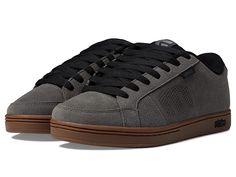 etnies Kingpin - Men's Skate Shoes : Grey/Black/Gum : Show everyone who's the king of the skate park with the classic silhouette and reliable performance of the etnies Kingpin skate shoes. Skateboard shoes in a low-top silhouette with leather uppers. Neoprene tongue-centering straps. Padded tongue and collar. Trademark etnies &amp,#8220,E logo perfed on the side. TPR logo lace plate. STI Foam cushioning footbed. 400 NBS rubber double cup outsole with exposed EVA midsole. Imported. Measurements: Weight: 13 oz Product measurements were taken using size 8, width D - Medium. Please note that measurements may vary by size. Oc Stuff, Mens Skate Shoes, Skateboard Shoes, Shoes Grey, Black Gums, E Logo, Skate Park, Classic Silhouette, Skate Shoes