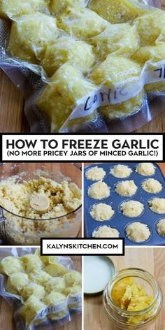 "Pinterest Image of How to Freeze Garlic showing minced garlic sealed in plastic and 4 images of garlic in various stages of preparation." Freezing Minced Garlic, How To Freeze Garlic, Minced Garlic How To, Diy Minced Garlic, How To Preserve Garlic, Freezing Garlic, Preserving Garlic, Garlic Storage