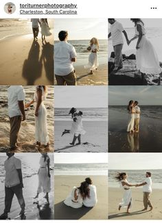 a couple holding hands and walking on the beach with other people in white outfits,