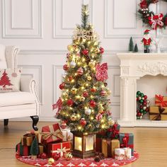 a decorated christmas tree with presents under it