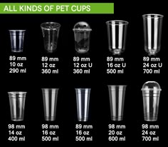 all kinds of pet cups are shown with measurements