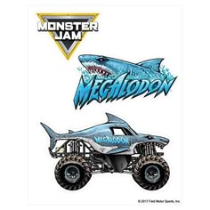 the monster truck has a shark on it