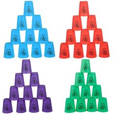 several different colored cups are arranged in a pyramid