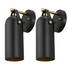 two black wall lights with gold accents