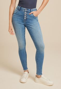 m jeans by maurices™ High Rise Curvy Button Fly Jegging - Materials & Care:imported - 93% cotton 5% polyester 2% spandex - machine wash New Jeans Top, Plus Swim, Adaptive Clothing, Skirt Crop, Curvy Jeans, M Jeans, Shoes With Jeans, Midi Maxi Dress, List Style