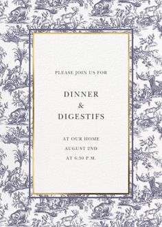 a dinner and digests card with an image of animals in blue on white paper