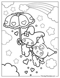 a coloring page with two pigs flying in the sky and holding an umbrella over their head