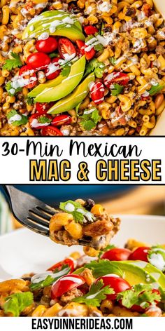 mexican macaroni and cheese salad with avocado, tomatoes, lettuce and other toppings