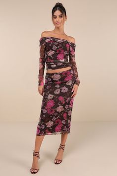 Chic yet sleek, there's nothing better than the Lulus Unforgettably Sweet Brown Floral Print Mesh High-Rise Midi Skirt! Stretchy mesh knit, with a cute floral print throughout, shapes this flattering skirt with a high-rise fit and a figure-skimming bodycon silhouette. Chic midi hem boasts a classic kick pleat at the back. Hidden back zipper/clasp. Pair with the matching top for a complete look! Fit: This garment fits true to size. Length: Mid-calf length. Size medium measures 32" from waist to h Spring Mesh Fitted Skirt, Chic Fitted Mesh Skirt, Fitted Chic Mesh Skirt, Spring Mesh Skirt For Night Out, Spring Night Out Mesh Skirt, Spring Evening Mesh Skirt, Spring Party Mesh Skirt, Fitted Mesh Skirt, Fitted Mesh Party Skirt