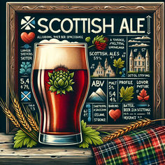 a painting of a glass of beer next to a scottish ale chart on a wooden table