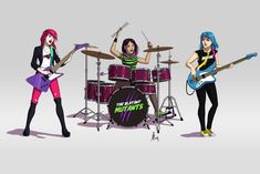 three female rock band members with guitars and drums