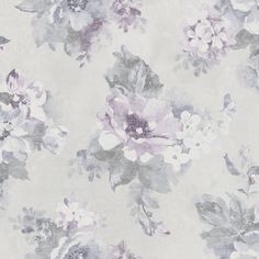 a floral wallpaper pattern with purple and white flowers on grey background, suitable for use in interior or exterior decor