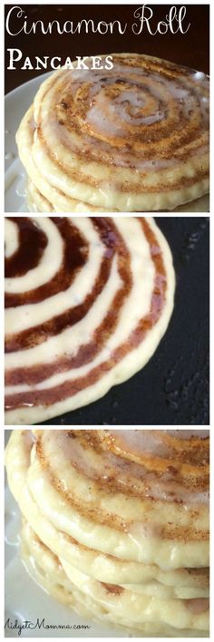 cinnamon roll pancakes are stacked on top of each other and ready to be baked in the oven