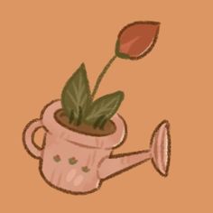 a drawing of a pink flower in a watering can with a green leafy plant sticking out of it