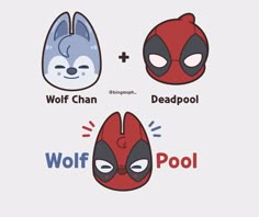 three stickers with different types of animals and words that say wolf chan, deadpool, wolf pool