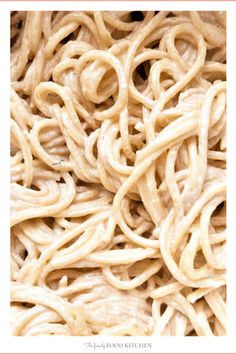 close up view of noodles in white sauce with text overlay that reads, how to make pasta without mayonnaise