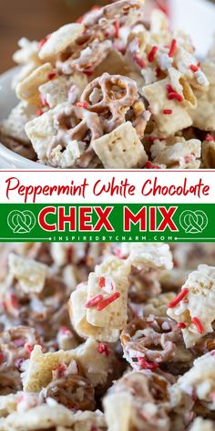 this peppermint white chocolate chex mix is so good and easy to make