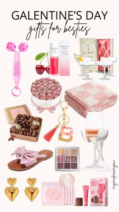 valentine's day gifts for besties with pink and gold decorations, chocolates, candy