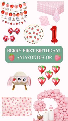 First Birthday Strawberry Theme, Strawberry First Birthday Theme, Berry First Birthday Decorations, Strawberry Themed Birthday Party, My Berry First Birthday, Berry First Birthday Party, Strawberry Birthday Party, Berry Birthday, Onederland Party