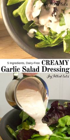 a salad with dressing being drizzled over it and in a skillet