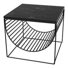 a black marble top side table on a metal frame with a circular shelf underneath it