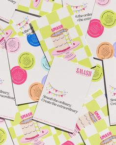 many different types of greeting cards with the words smash written on them, all stacked together