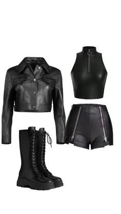 three pieces of black leather clothing including a crop top, short shorts and combat boots