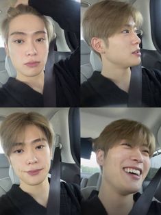 four different shots of a young man in a car