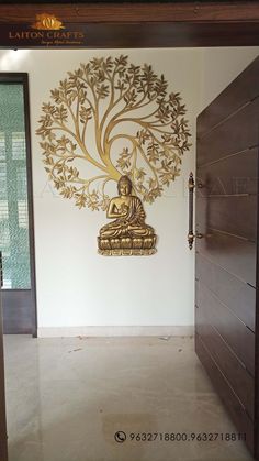 Buddha Brass wall Mural Buddha Wall Mural, Wall Mural Design, Buddha Wall Decor, Doors Handles, Buddha Home Decor, Main Doors, Buddha Decor, Buddha Art Painting, Buddha Wall Art